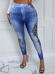 Denim & Floral Print High Rise Leggings