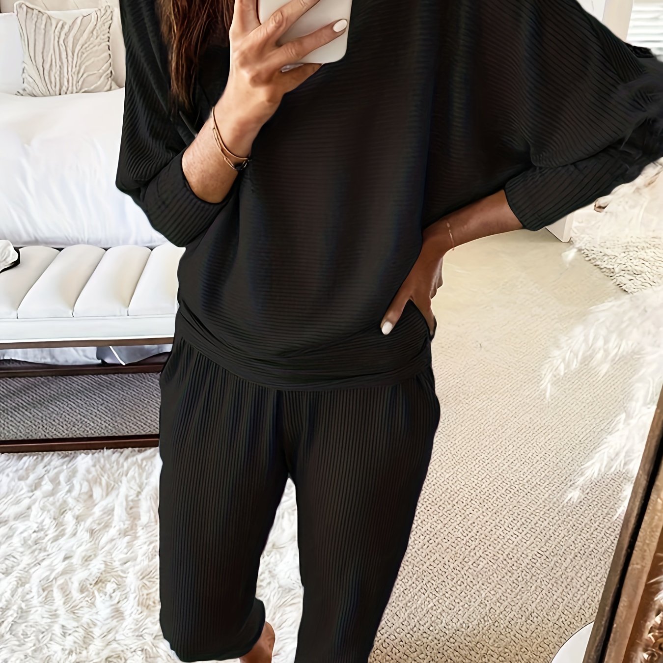 Solid Ribbed Top & Pants Set, Long Sleeve Round Neck, Casual 2-Piece