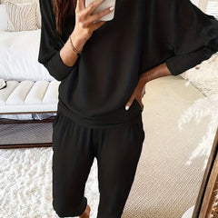 Solid Ribbed Top & Pants Set, Long Sleeve Round Neck, Casual 2-Piece