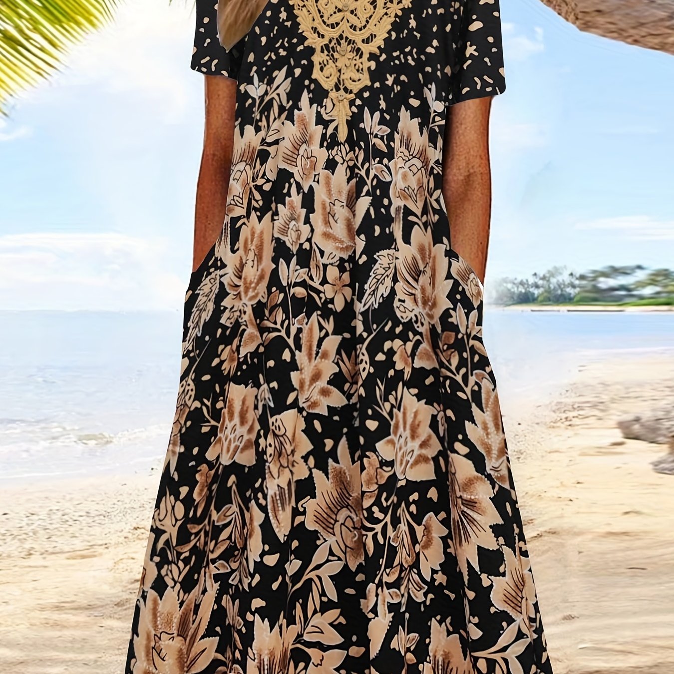 Floral Print Short Sleeve Midi Dress With Pockets
