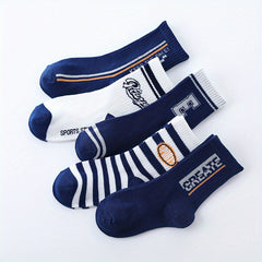 5 Pairs Boys Kids Striped Letter Crew Sports Socks