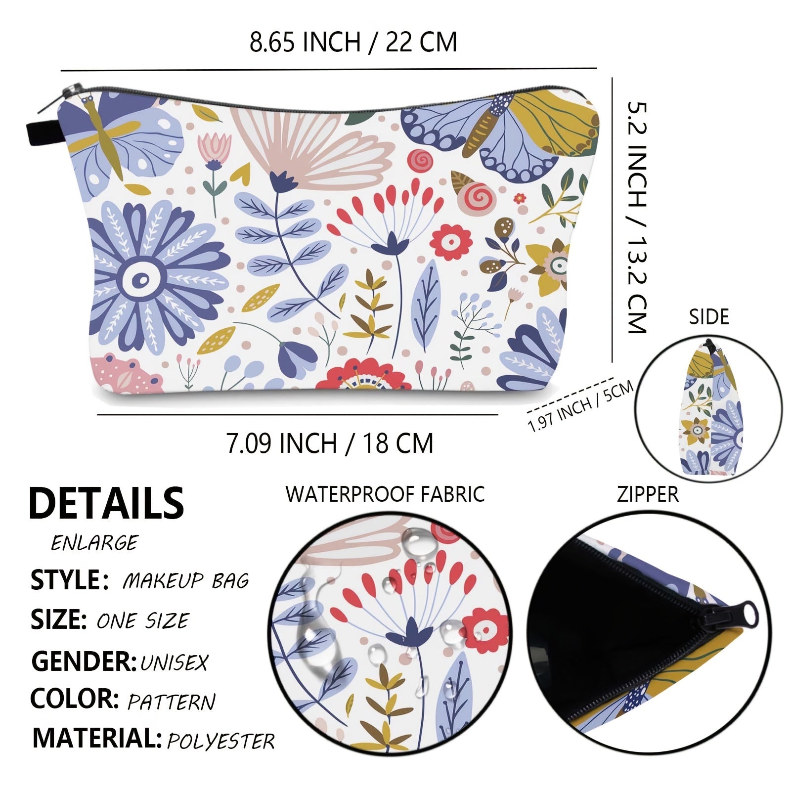 Waterproof Butterfly Grasses Cosmetic Bag for Women