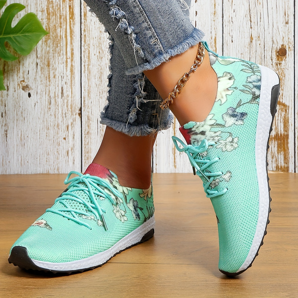 Floral Pattern Sneakers Lace Up Round Toe Lightweight Shoes