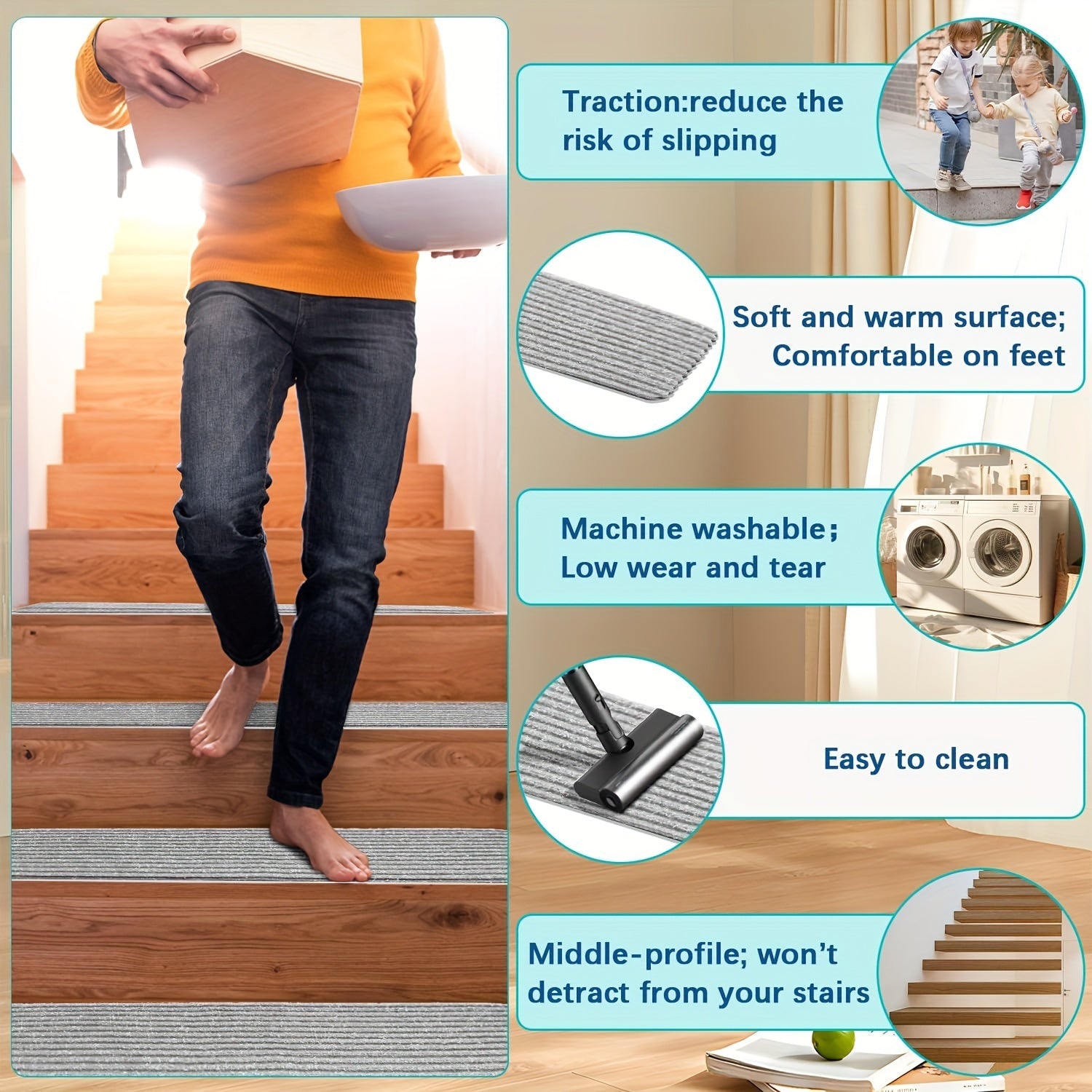 15pcs Non Slip Stair Treads Gray Peel Stick Carpet Tape Self Adhesive Stair Trac