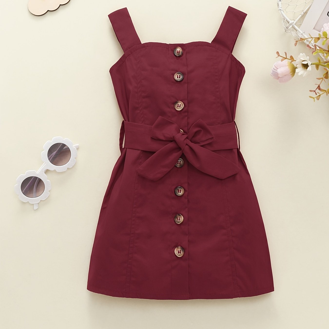 Girls Casual Button Up Cami Dress With Bow Belt