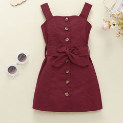 Girls Casual Button Up Cami Dress With Bow Belt