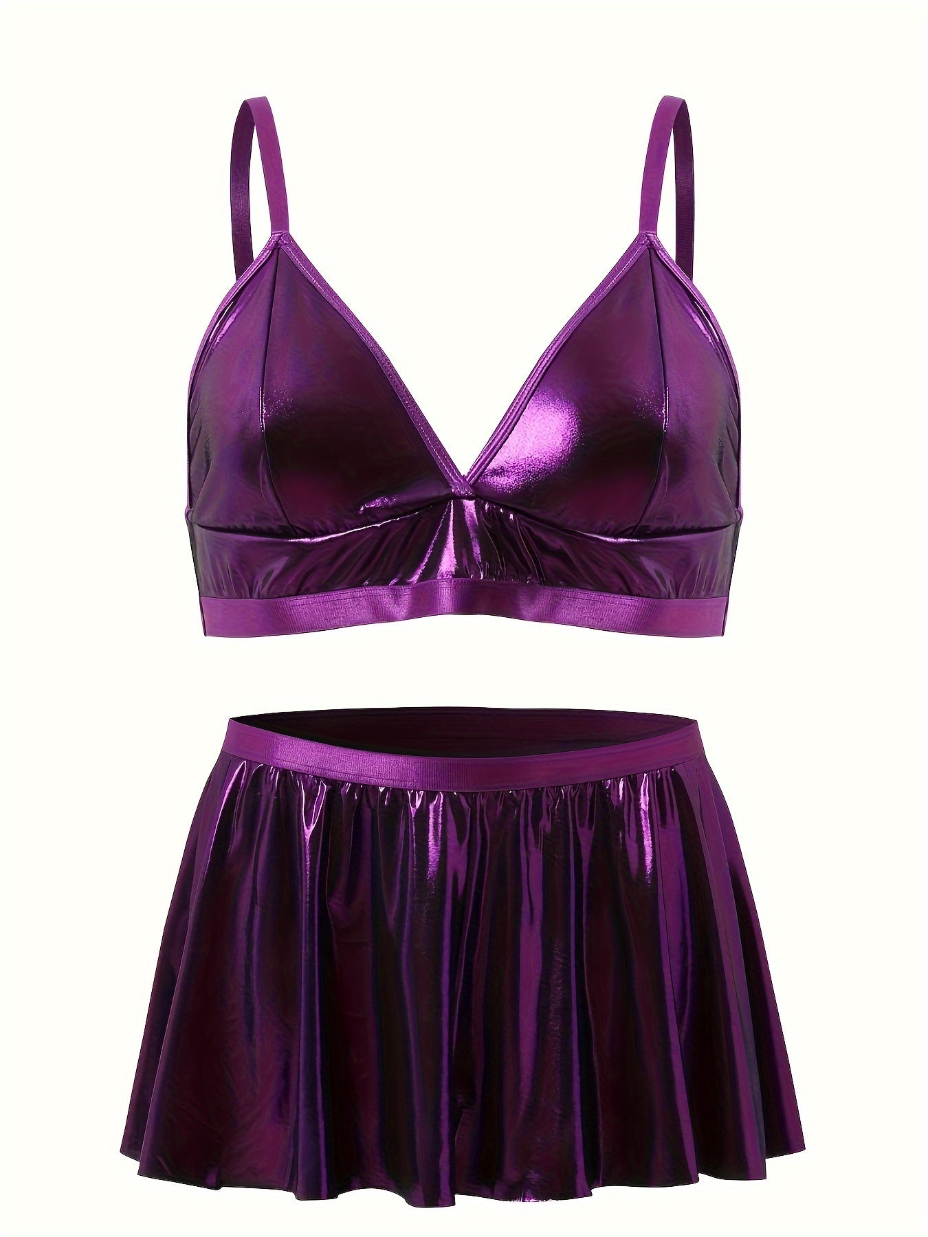 Metallic V Neck Bra & Pleated Mini Skirt Set