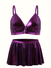 Metallic V Neck Bra & Pleated Mini Skirt Set