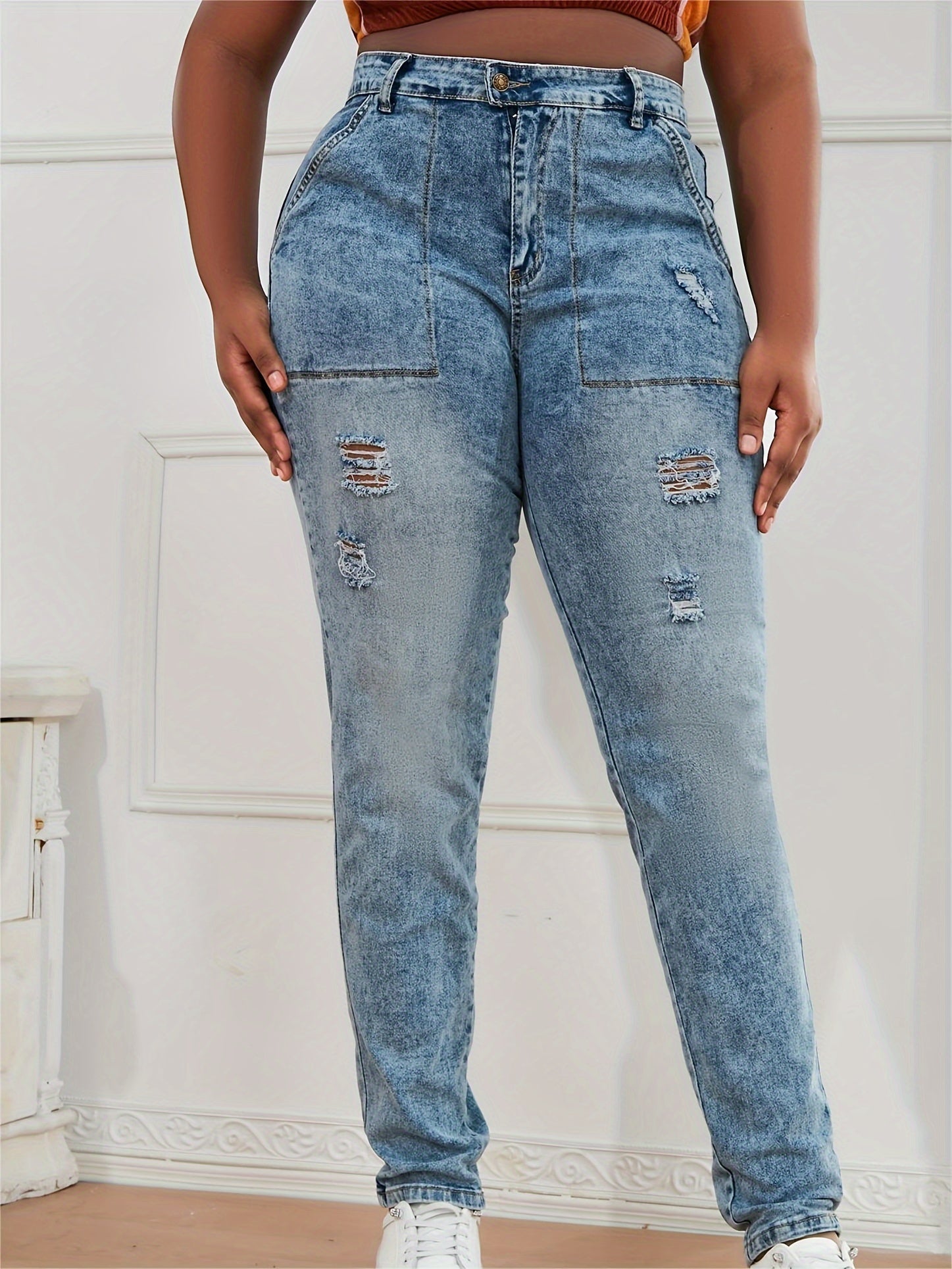 Stretch Ripped Jeans, Button Fly