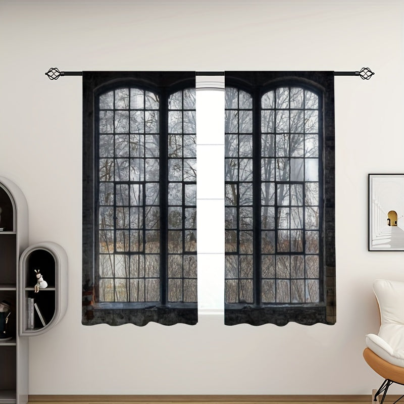2 Panels Halloween Haunted House Curtain Translucent Curtains