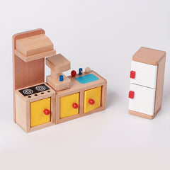 Wooden Children's Bedroom Decor Toy 7pcs Realistic Dollhouse Family Room Set