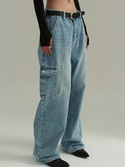 High Rise Loose Baggy Denim Cargo Pants Floor Length