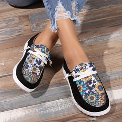 Women's Sunflower & Cow Print Canvas Loafers Casual Flat Sneakers