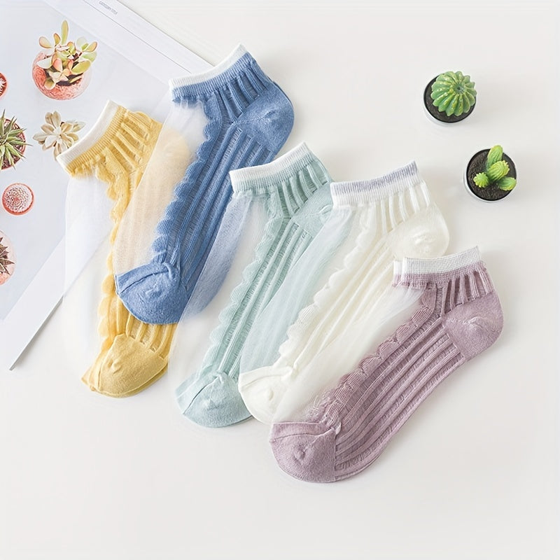 5 Pairs Contrast Mesh Crew Socks Soft Lightweight Stockings Women's Hosiery