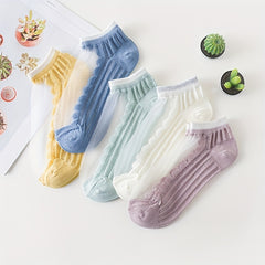 5 Pairs Contrast Mesh Crew Socks Soft Lightweight Stockings Women's Hosiery