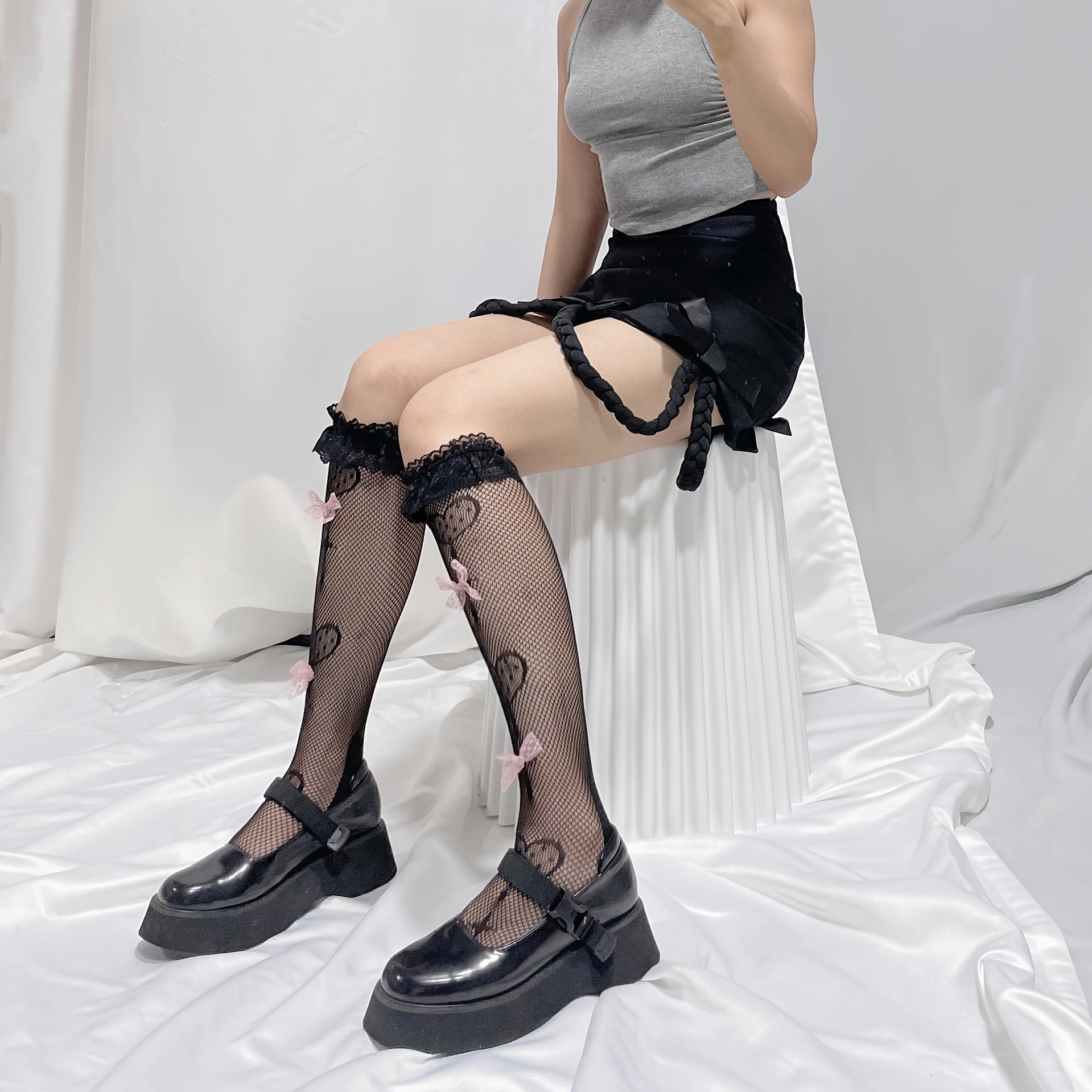 Sweet Lace Trim Calf Socks With Bow Tie Mesh Knee High Stockings