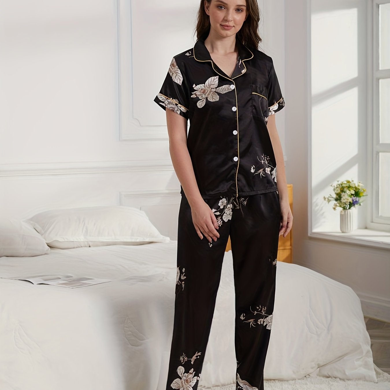 Floral Satin Pajama Set Short Sleeve Top & Pants