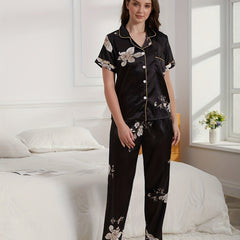 Floral Satin Pajama Set Short Sleeve Top & Pants
