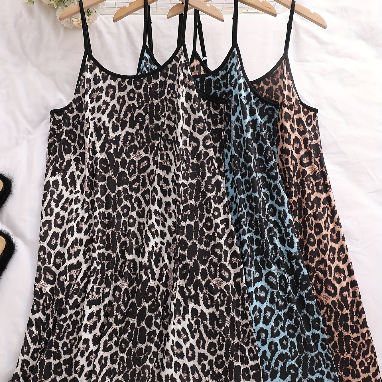 3 Pack Plus Size Sexy Nightdress Set Leopard Print Round Neck Contrast Trim