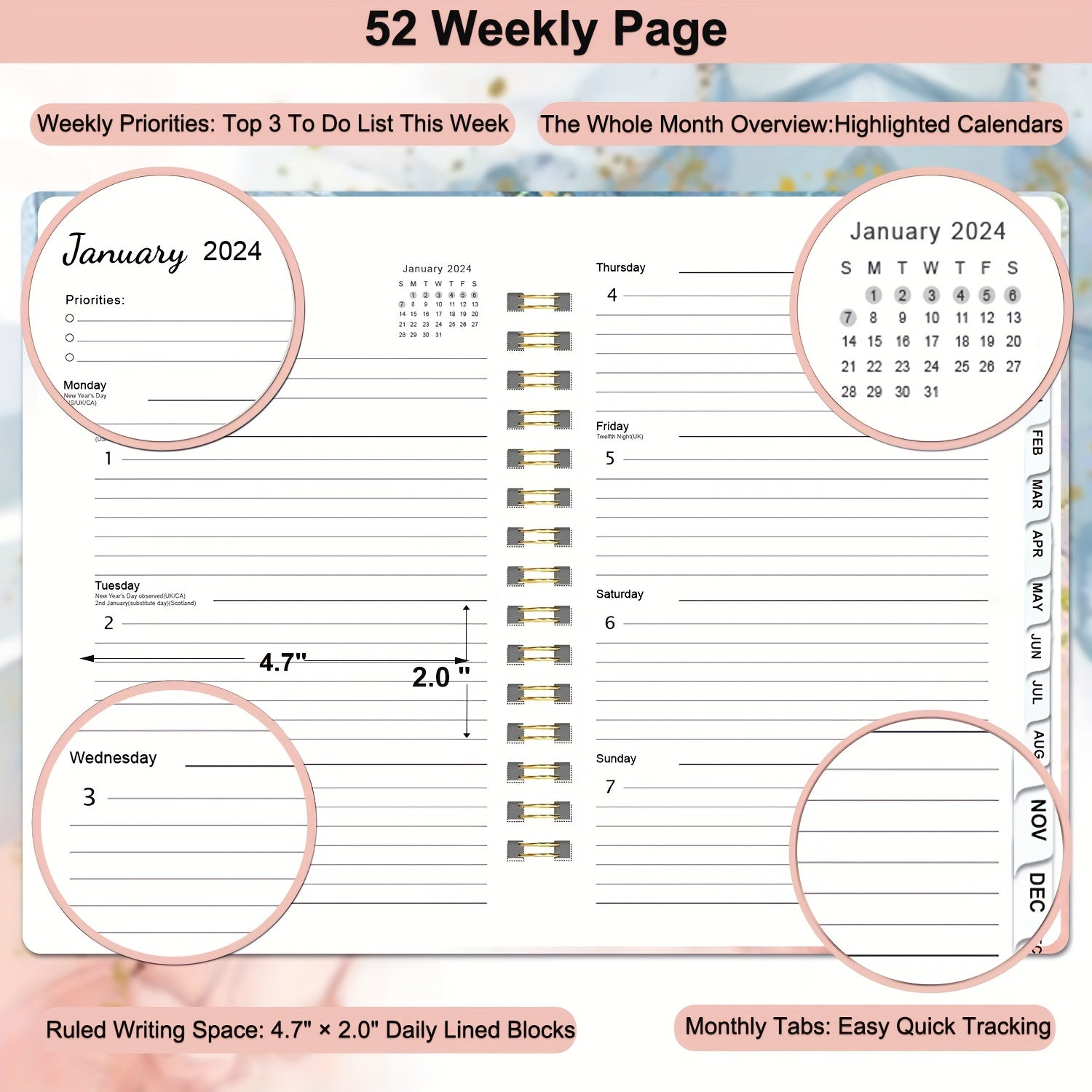 Planner Weekly And Monthly Planner Yearly Jan-Dec Spiral Bound With 12 Tabs