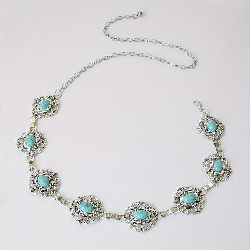 Turquoise Inlaid Metal Waist Chain Boho Tassel Belly Chain Dress Accessories