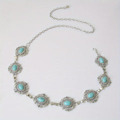 Turquoise Inlaid Metal Waist Chain Boho Tassel Belly Chain Dress Accessories