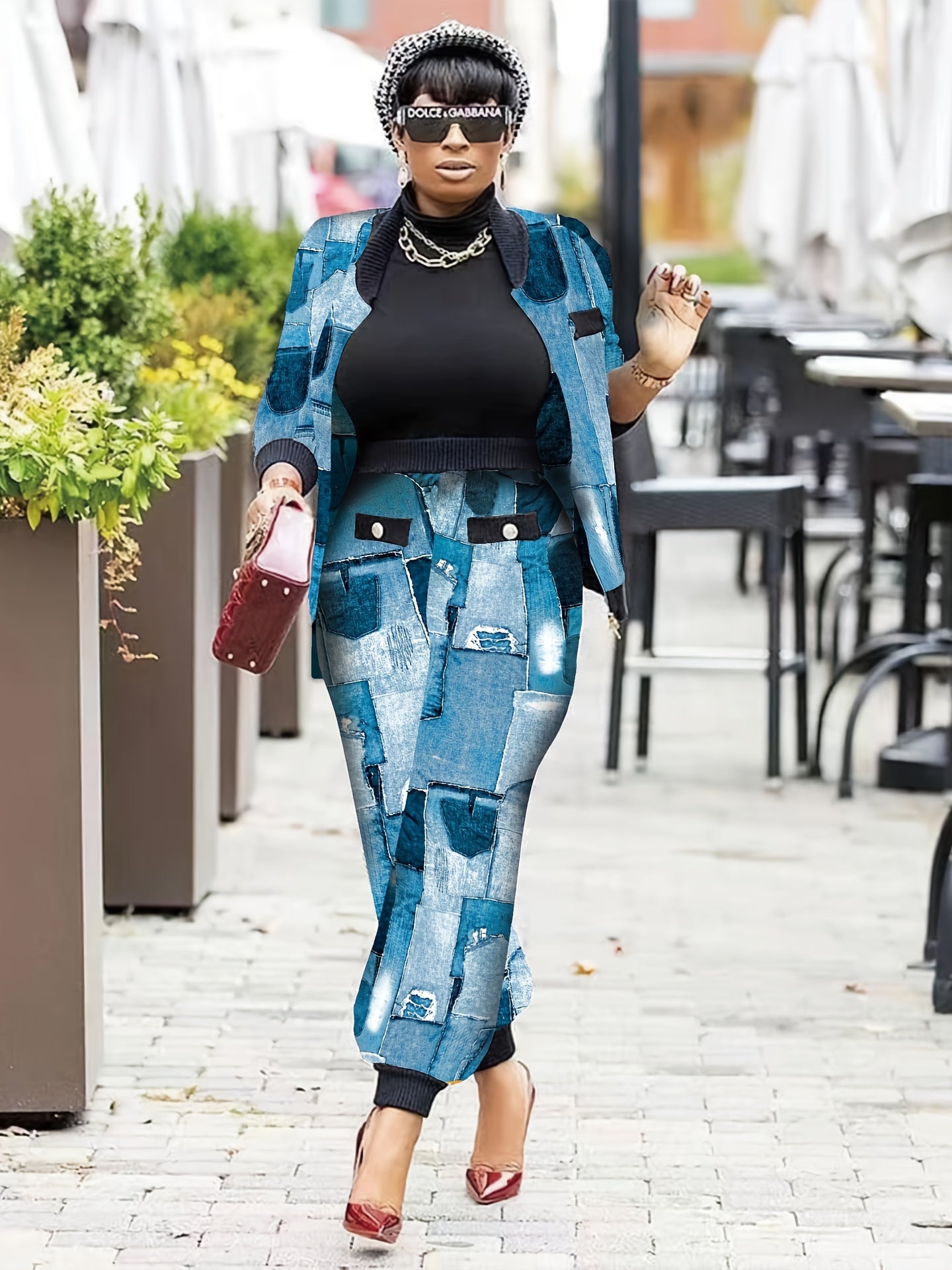 Women's Plus Denim Print Jacket & Joggers Set