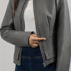 Faux Leather Quilted Jacket Zipper Motor Vintage Long Sleeve