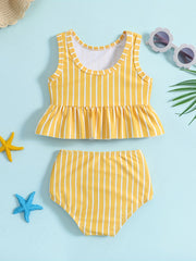 Girls Striped Sleeveless Bikini Tankini Swimsuit Set with Bowtie