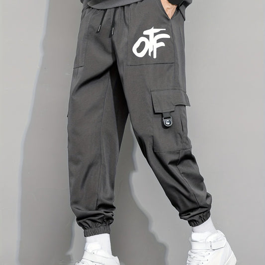 Casual Letter Print Cargo Pants with Drawstring