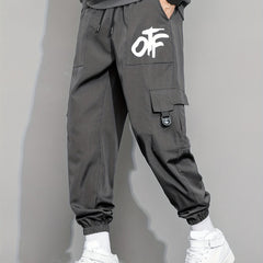 Casual Letter Print Cargo Pants with Drawstring