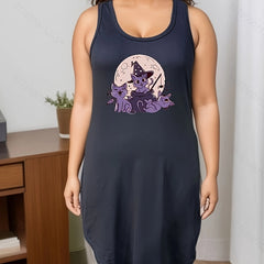 Halloween Nightdress Women's Witch Cat Bat Print Stretch Tank Dress