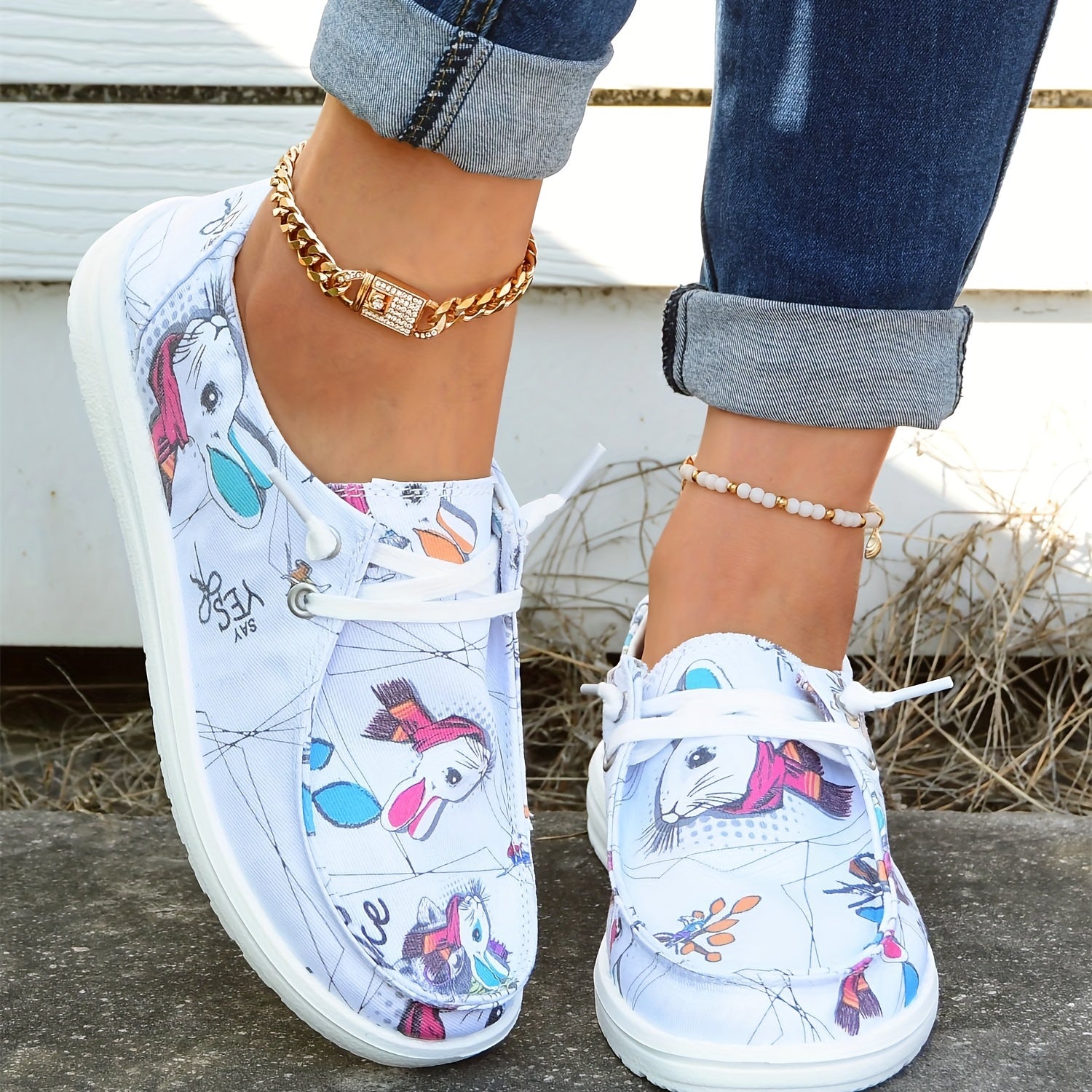 Women's Cartoon Rabbit Boat Shoes Lace Up Canvas Lightweight Walking Shoes