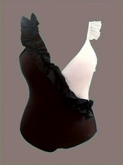 Colorblock Deep V Neck Ruffle One Piece Swimsuit
