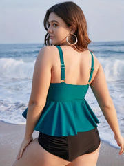 Modest Tankini Set V Neck Ruffle Trim Top & Ruched Panty Swimsuit
