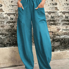Elastic Waist Wide Leg Pants With Pockets Women's Clothing