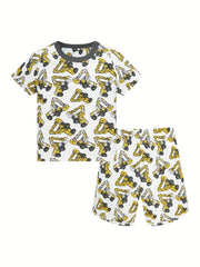 Boys Excavator Cotton Pajamas Set Short Sleeves Comfortable Cozy Homewear