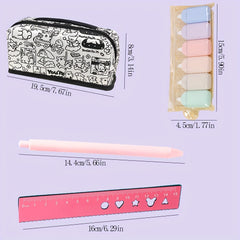 Cartoon Pattern Pencil Case with Pens, Ruler, and Correction Tape Set