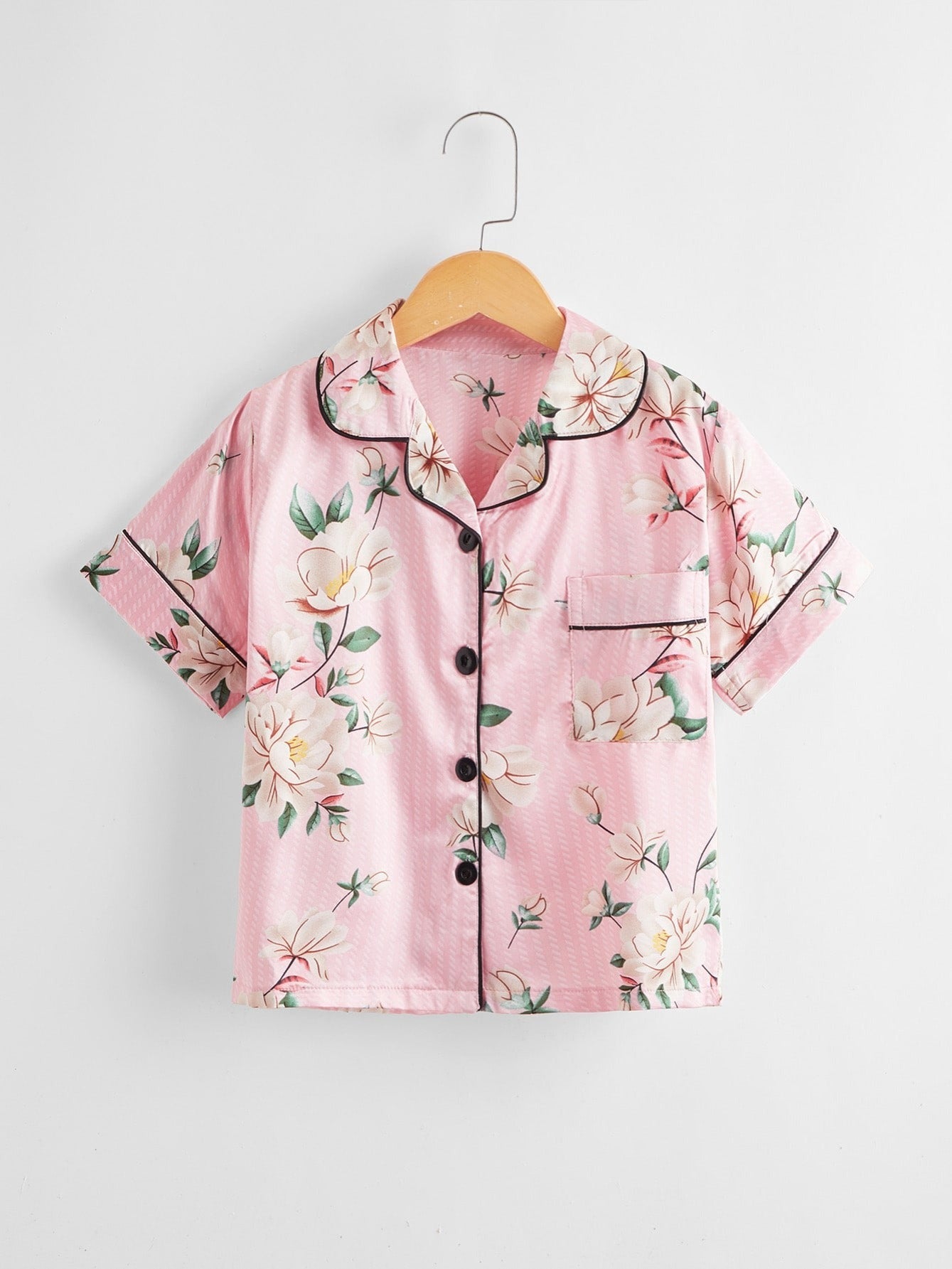 2pcs Girls Pajamas Flowers Print Button Short Sleeve Top & Pants Set