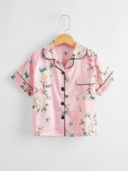 2pcs Girls Pajamas Flowers Print Button Short Sleeve Top & Pants Set