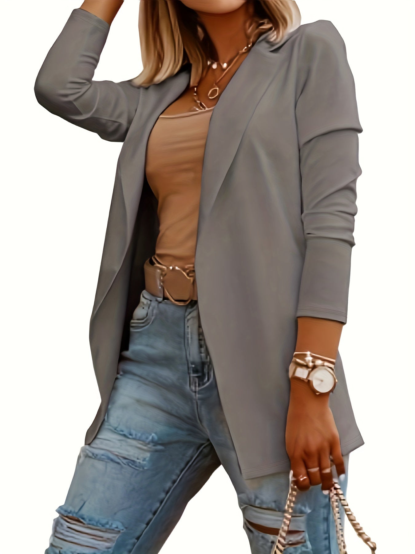 Solid Lapel Blazer Casual Open Front Long Sleeve Work Office Outerwear