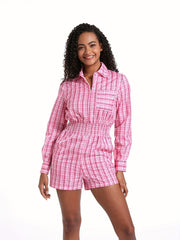 Plaid Pattern Waist Romper Jumpsuit Casual Long Sleeve Women's Clothing