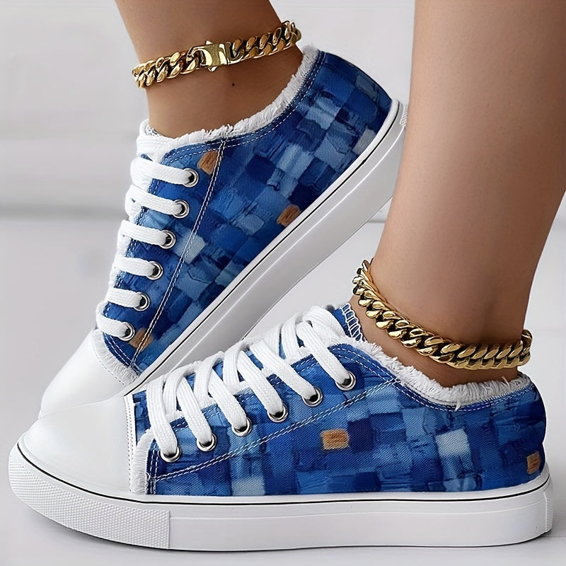 Plaid Pattern Denim Sneakers Low Canvas Flat Shoes