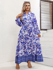Floral Print Lantern Sleeve Maxi Dress With Belt