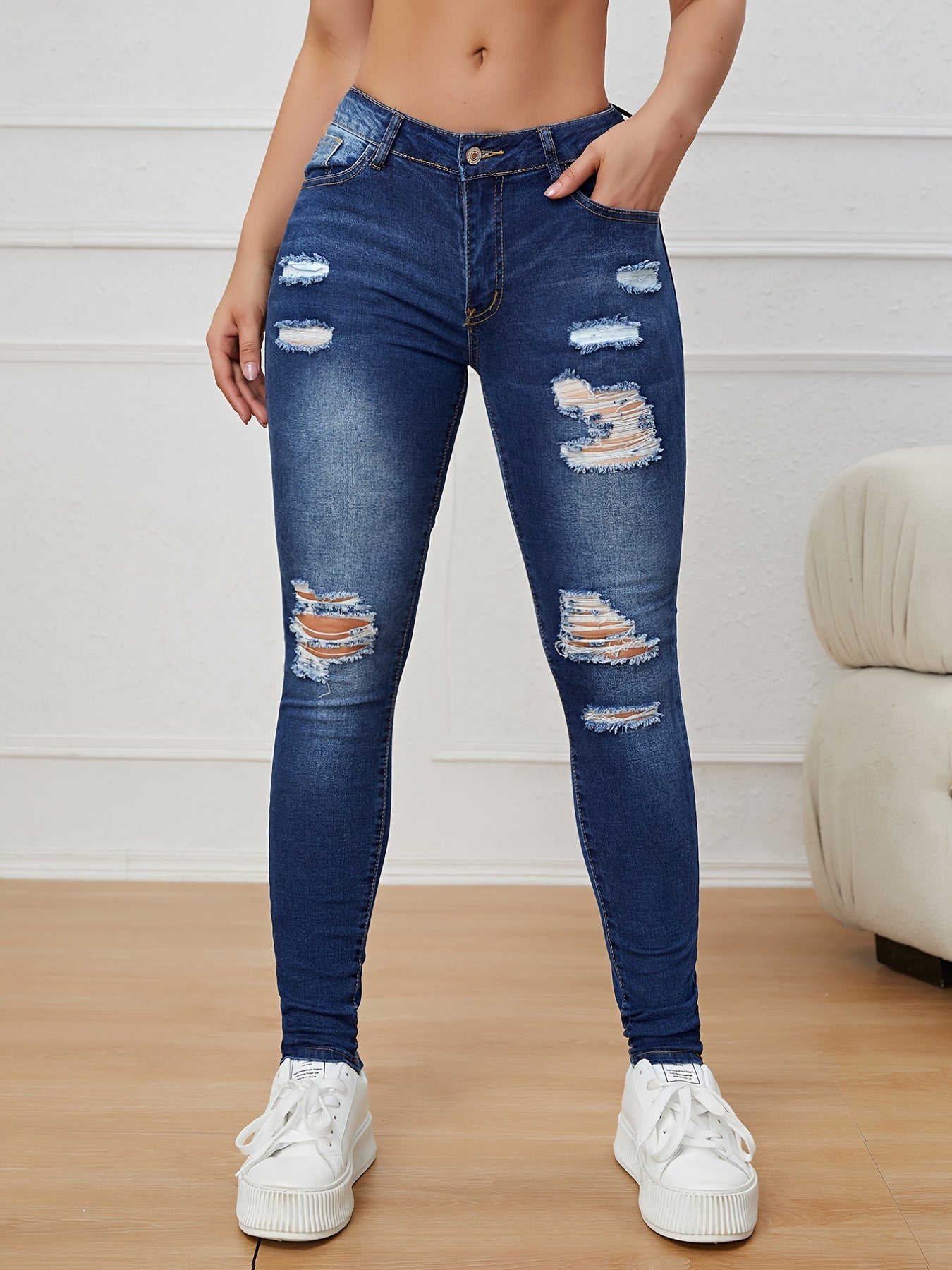High Rise Ripped Skinny Jeans Water Ripple Embossed Denim Pants