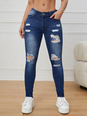 High Rise Ripped Skinny Jeans Water Ripple Embossed Denim Pants