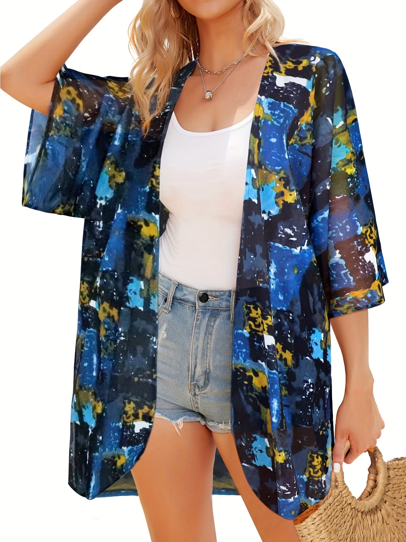 Multicolored Cover Up Shirt V Neck Half Sleeves Non Stretch Beachwear