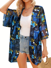 Multicolored Cover Up Shirt V Neck Half Sleeves Non Stretch Beachwear