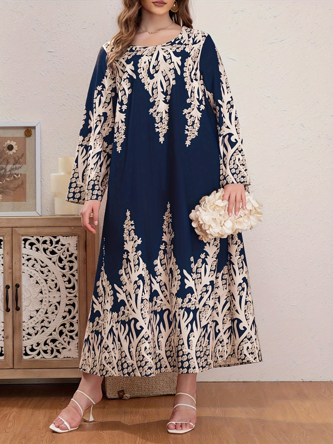 Casual Abaya Dress Women's Plus Floral Print Long Sleeve