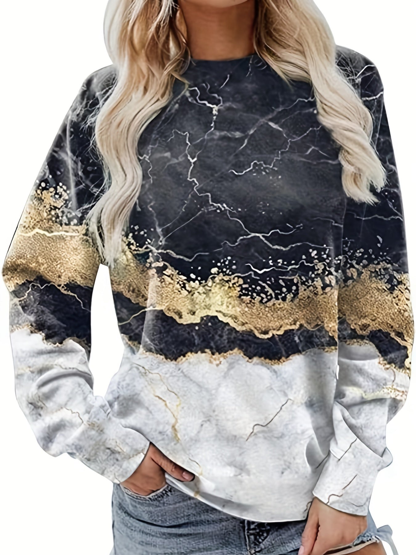 Marble Print Crew Neck Sweatshirt Long Sleeve Casual Top